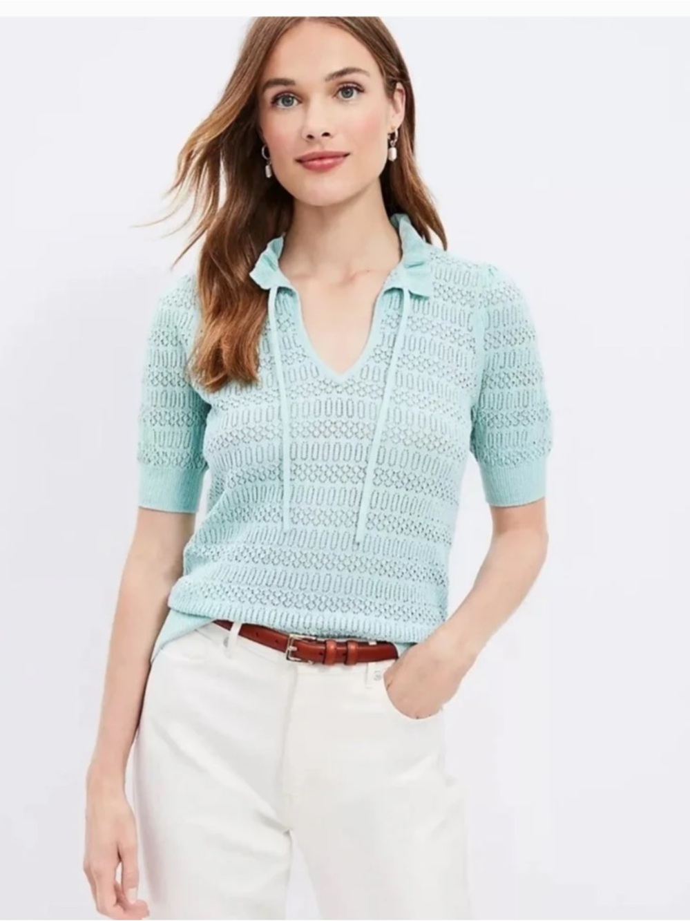 LOFT Pointelle Tie Neck Sweater | L